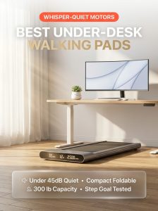 Under-desk walking pad treadmill beneath modern standing desk