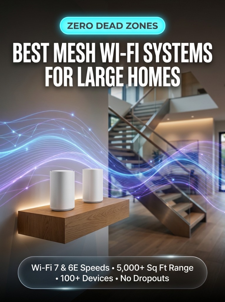 Minimalist white mesh Wi-Fi system on floating shelf in modern home