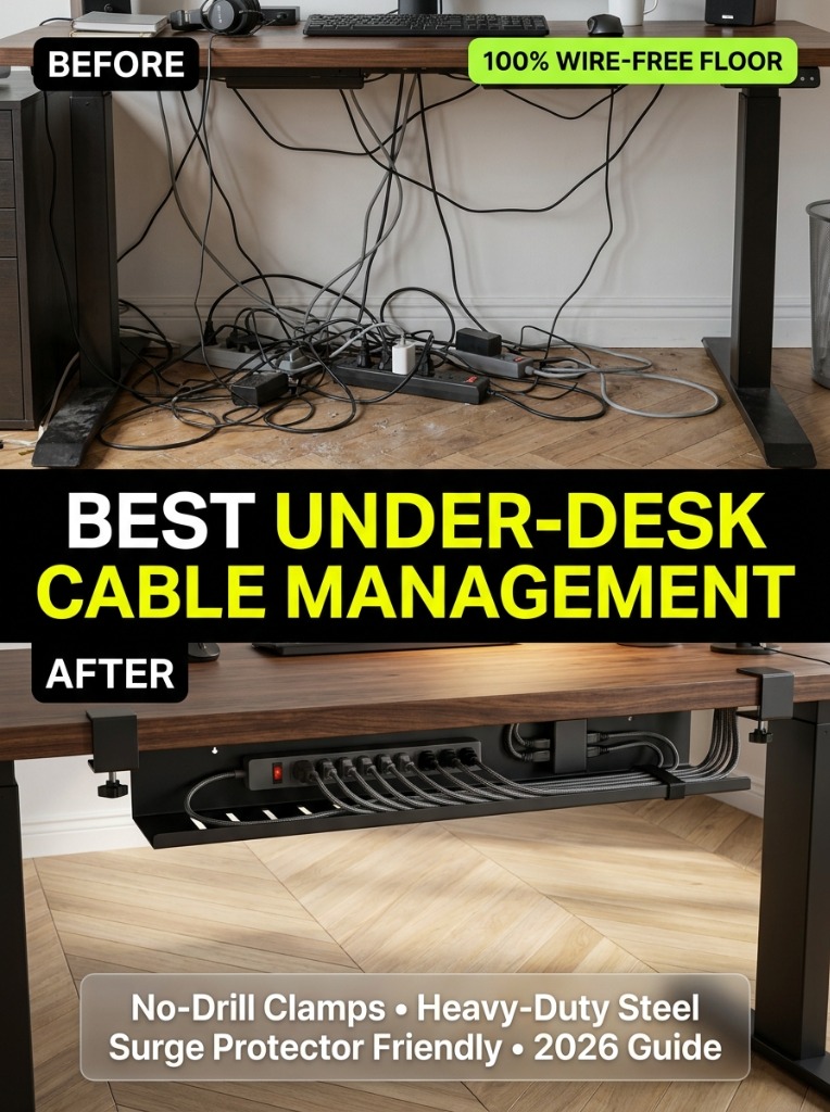 Before and after under-desk cable management tray setup