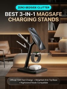 Minimalist 3-in-1 MagSafe wireless charging tree on executive desk