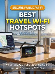 Portable pocket Wi-Fi router on airport cafe table next to laptop