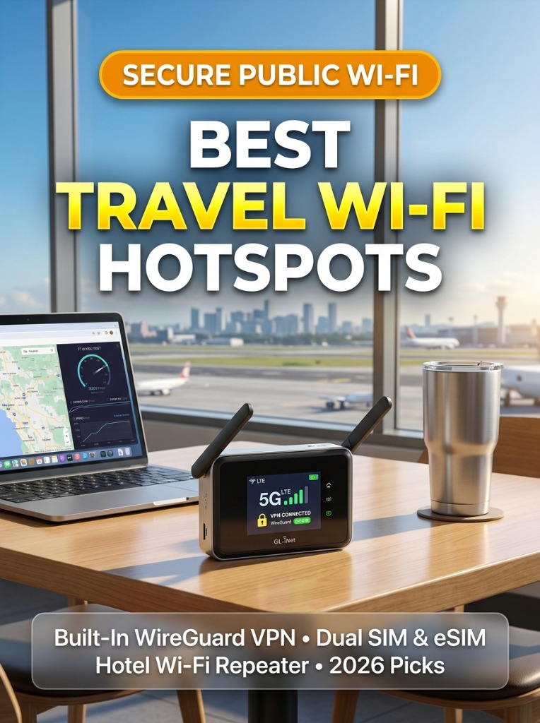 Portable pocket Wi-Fi router on airport cafe table next to laptop