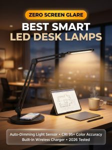 Minimalist matte black smart LED desk lamp with wireless charging pad