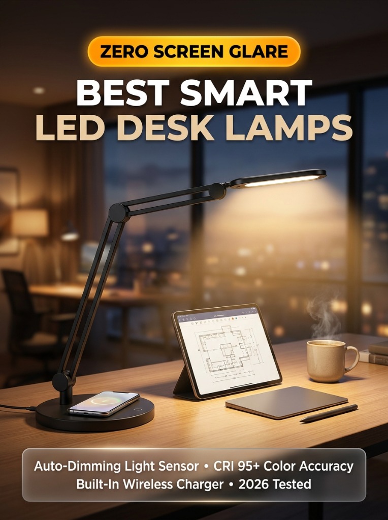 Minimalist matte black smart LED desk lamp with wireless charging pad