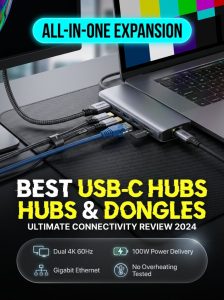 Multi-port aluminum USB-C hub plugged into modern laptop on desk