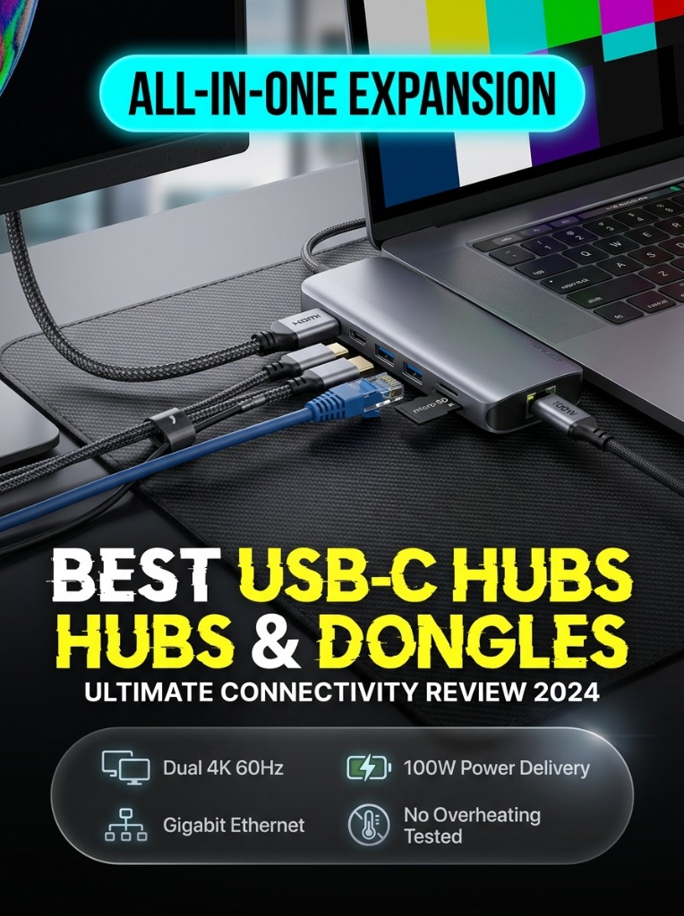 Multi-port aluminum USB-C hub plugged into modern laptop on desk